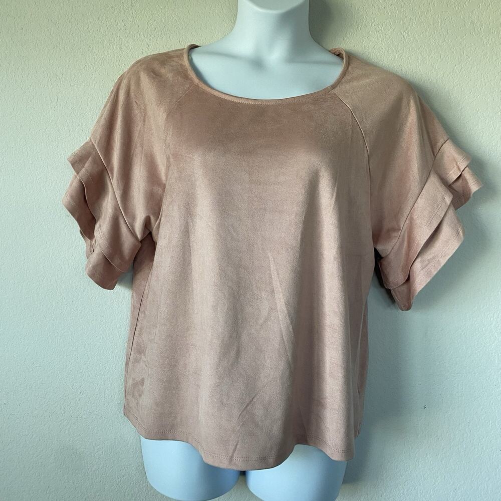 Umgee Pink Faux Suede Ruffled Sleeve Top L Relaxed Everyday Casual Brunch Blush